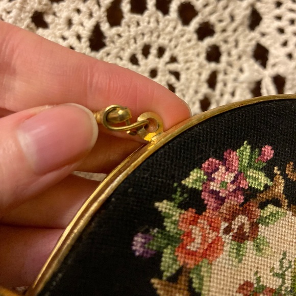 Vintage Circular Clutch Black Bag With Stitched Florals, Gold Accents - Picture 9 of 17